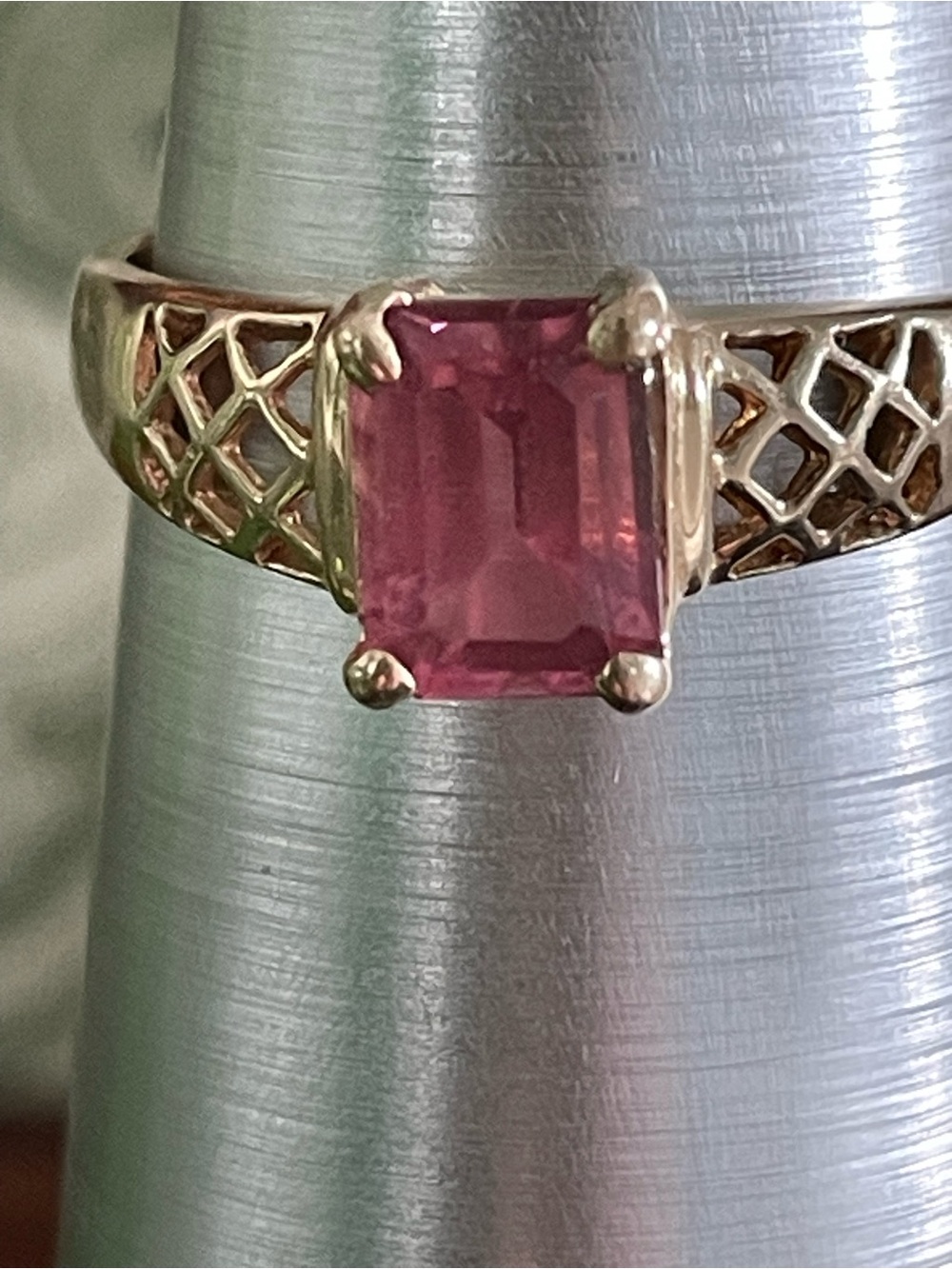 14k Gold Lattice Band Pink Emerald cut Tourmaline Ring
